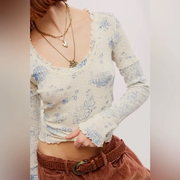 🌻🆕FREE PEOPLE We The Free Clover Printed Thermal-Ivory Combo-Size Medium - Picture 6 of 16